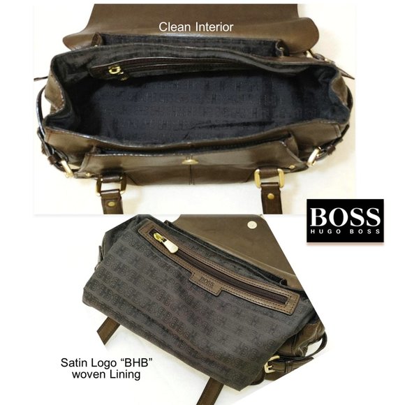 HUGO BOSS Dark Brown Genuine Leather Satchel Handbag Carry Flap Top Dual Handles - Picture 8 of 12